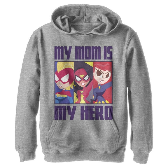 Boy's Marvel My Mom Is My Hero Cartoon Heroes Pull Over Hoodie Athletic Heather Small