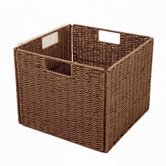 Set of 2 Foldable Woven Storage Baskets with Handles, 12x12x12 Inch Brown Rope Organizers for Closet, Shelf and Drawer