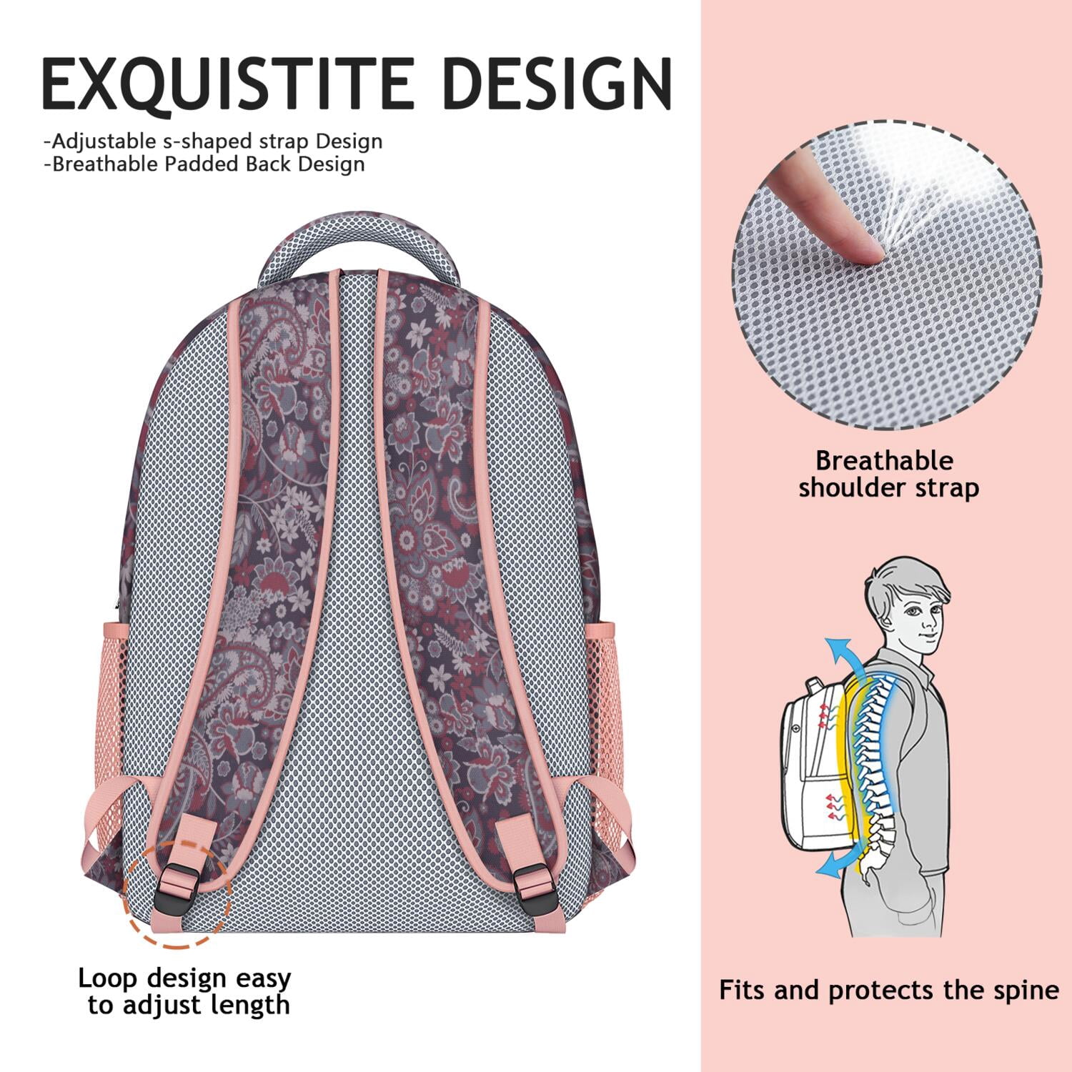 Artistic Waterproof School Backpack - Vintage Paisley Floral Print & Breathable Mesh Straps for Teens