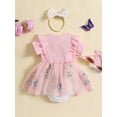thumbnail image 3 of Newborn Baby Girls Summer Outfits Floral Romper Dress Ribbed Short Sleeve Tulle Tutu Dress Bodysuits with Headband Set, 3 of 7