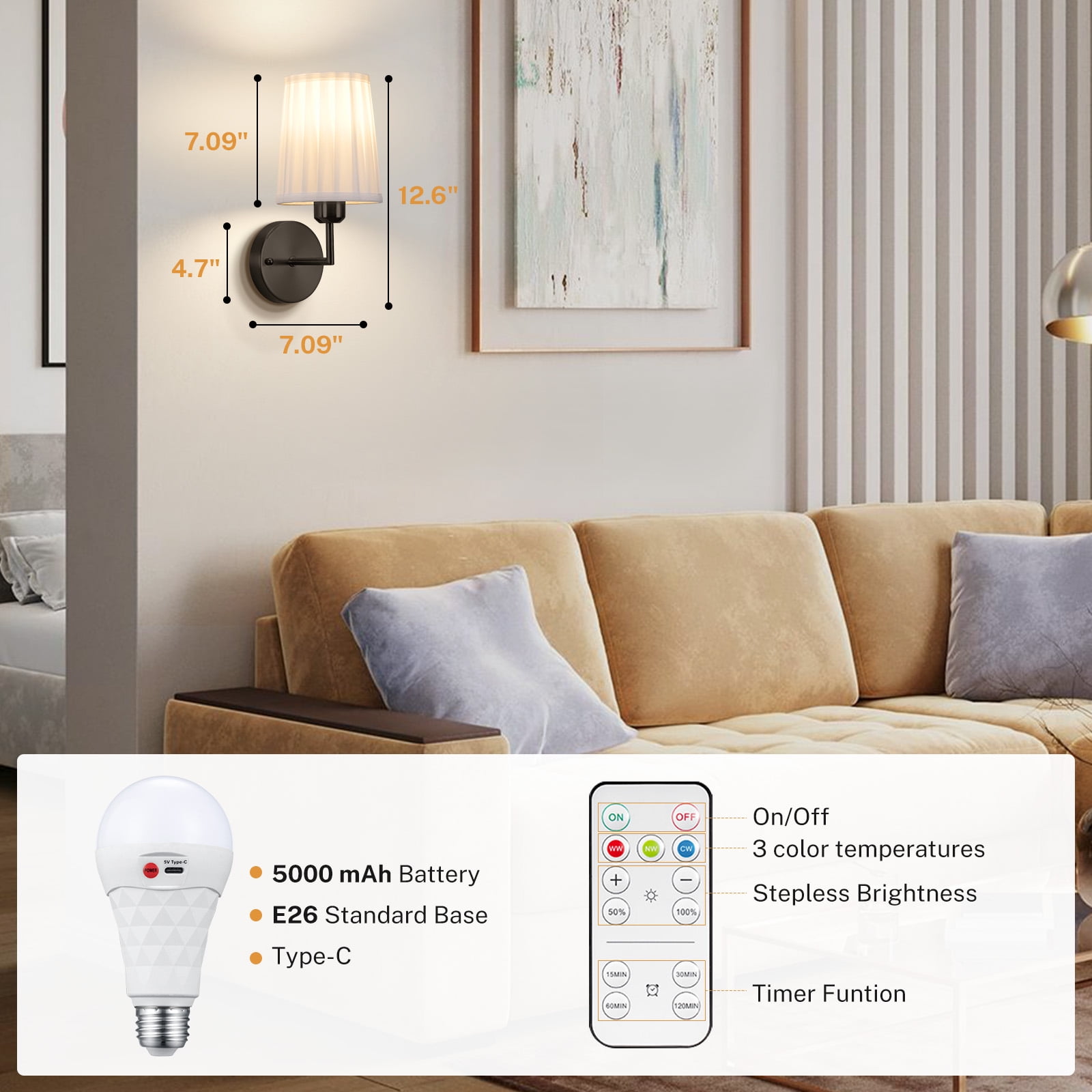 Set of Two Wall Sconces, Battery Operated Wall Sconce Reachargeable Wireless Wall Mounted Lamp Dimmable Battery Powered Wall Light Fixure for Bedroom Living Room Hallway, Black