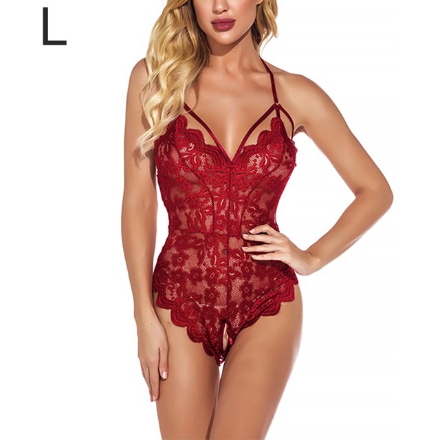 Body de encaje para mujer Ropa de dormir con correa sexy para mujer Lencería con cuello en V, L, Rojo vino Advancent XX000063-11