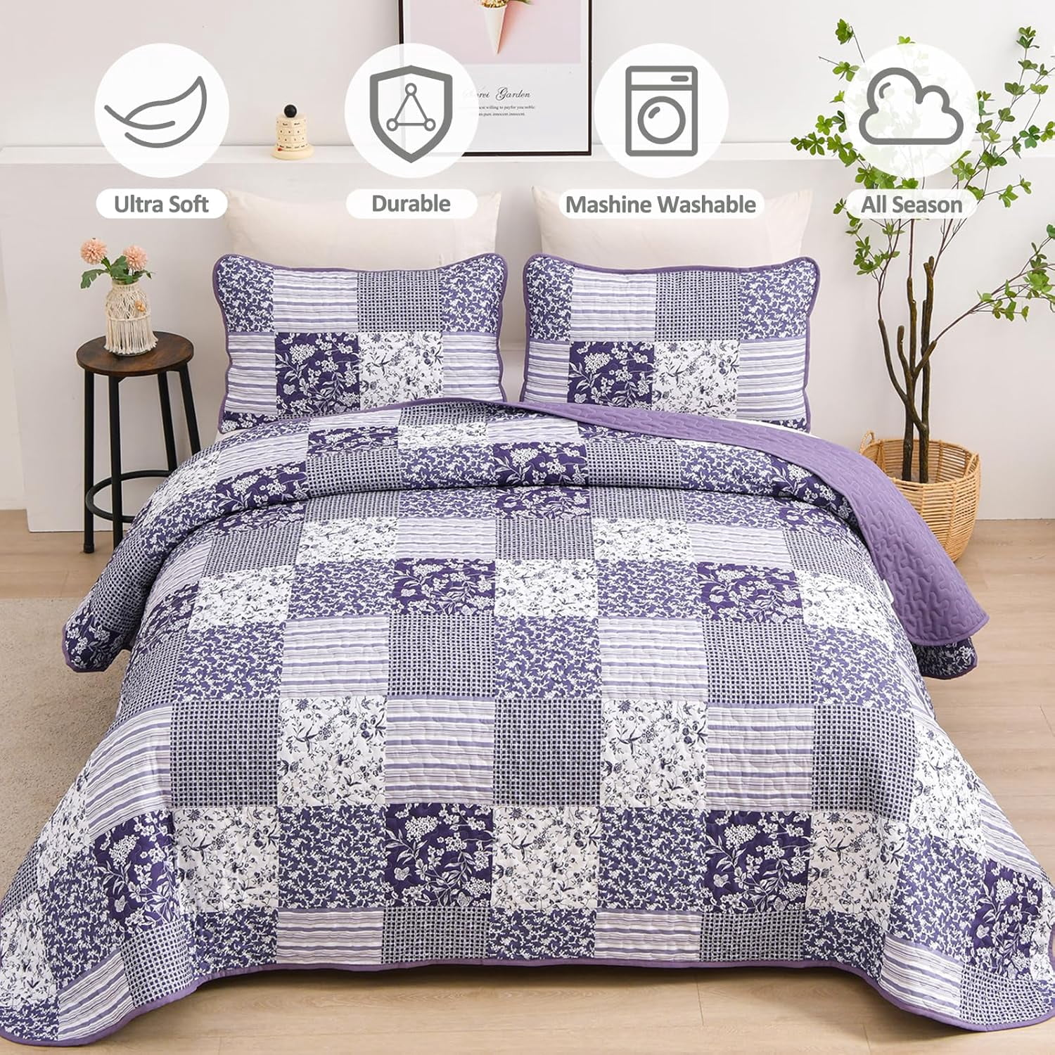 3 Pieces Grid Patchwork Queen Size Bedspread Quilt Bohemian Stripe Coverlet Set (90"x96")