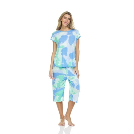 

Lati Fashion Women Capri and Short Sleeve Top 2-Piece Female Pajamas Set Blue M