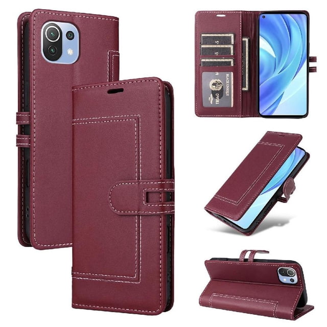 Étui Portefeuille Premium pour Xiaomi 11 Lite avec Fentes pour Cartes et Support, Couverture à Rabat Rouge