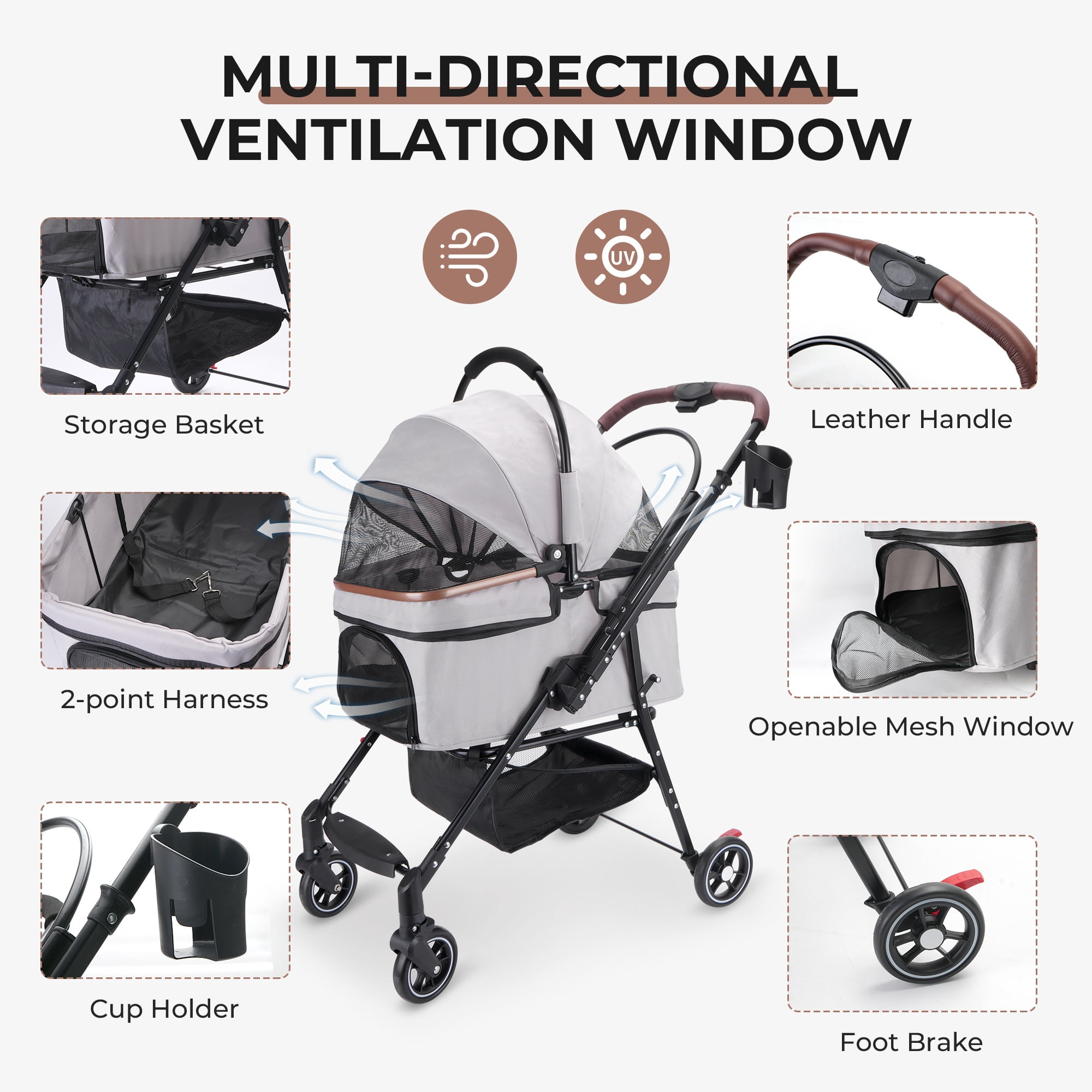 Foldable Pet Stroller with 360-Degree Rotating Wheels and Adjustable Canopy, Dog and Cat Travel Carrier with Storage Basket, Grey
