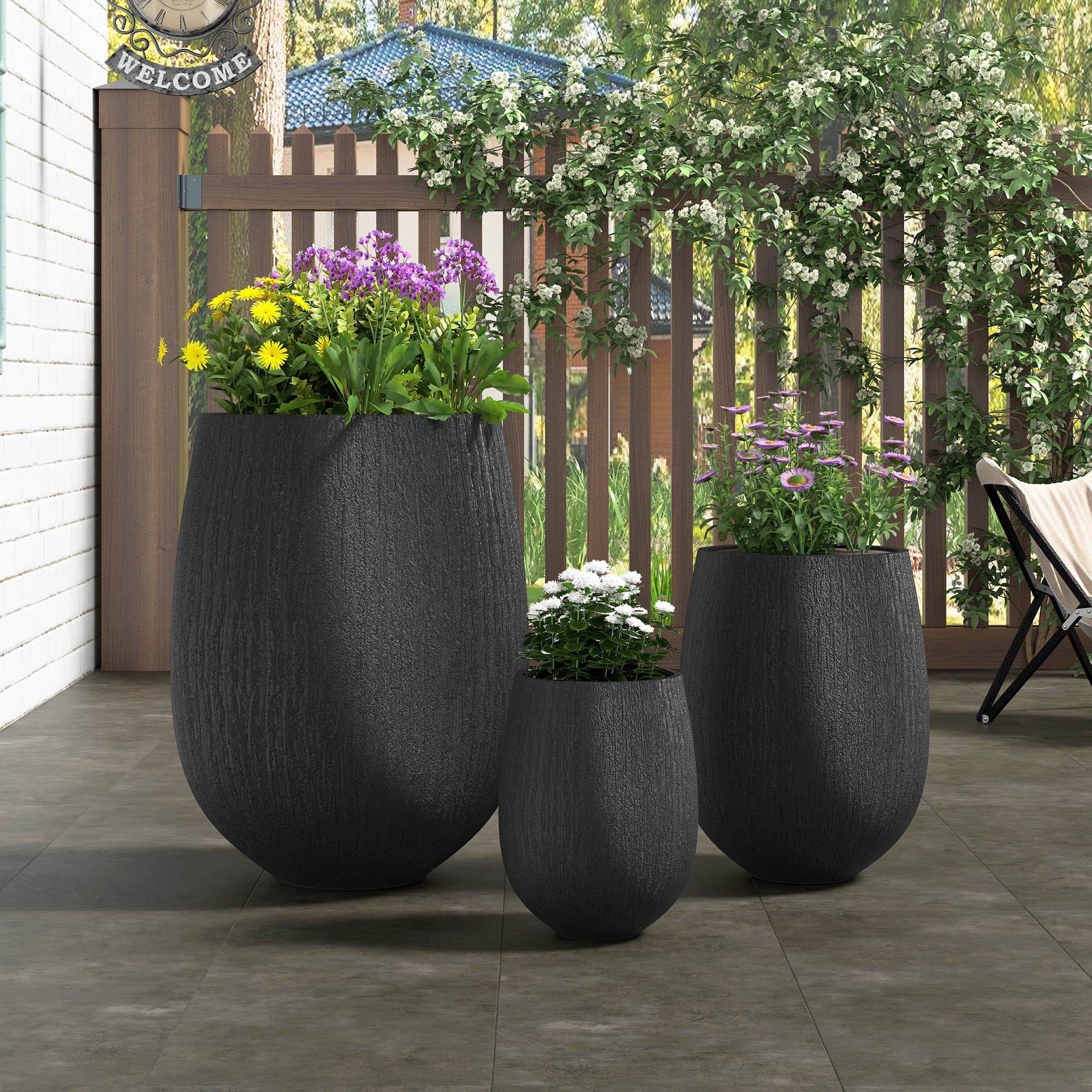 Mintazer Modern Planter Set of 3, 15.6"/10.8"/7.3" Stackable Flower Pots with Drainage Holes, Stone-Look Textured Decorative Plant Pots for Indoor & Outdoor, Black