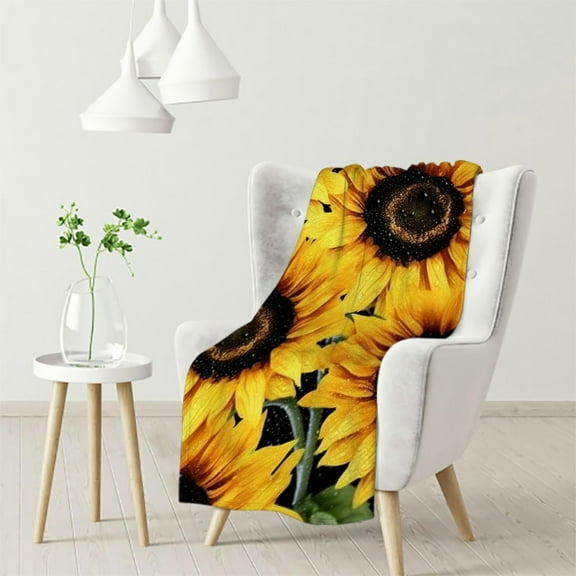 JEUXUS Sunflower Sherpa Blanket, Super Thick and Warm Cozy Luxury Blanket , Vintage Floral Yellow Sunflower Black Background Bed Blanket, Fluffy Plush Throw Blanket for Couch