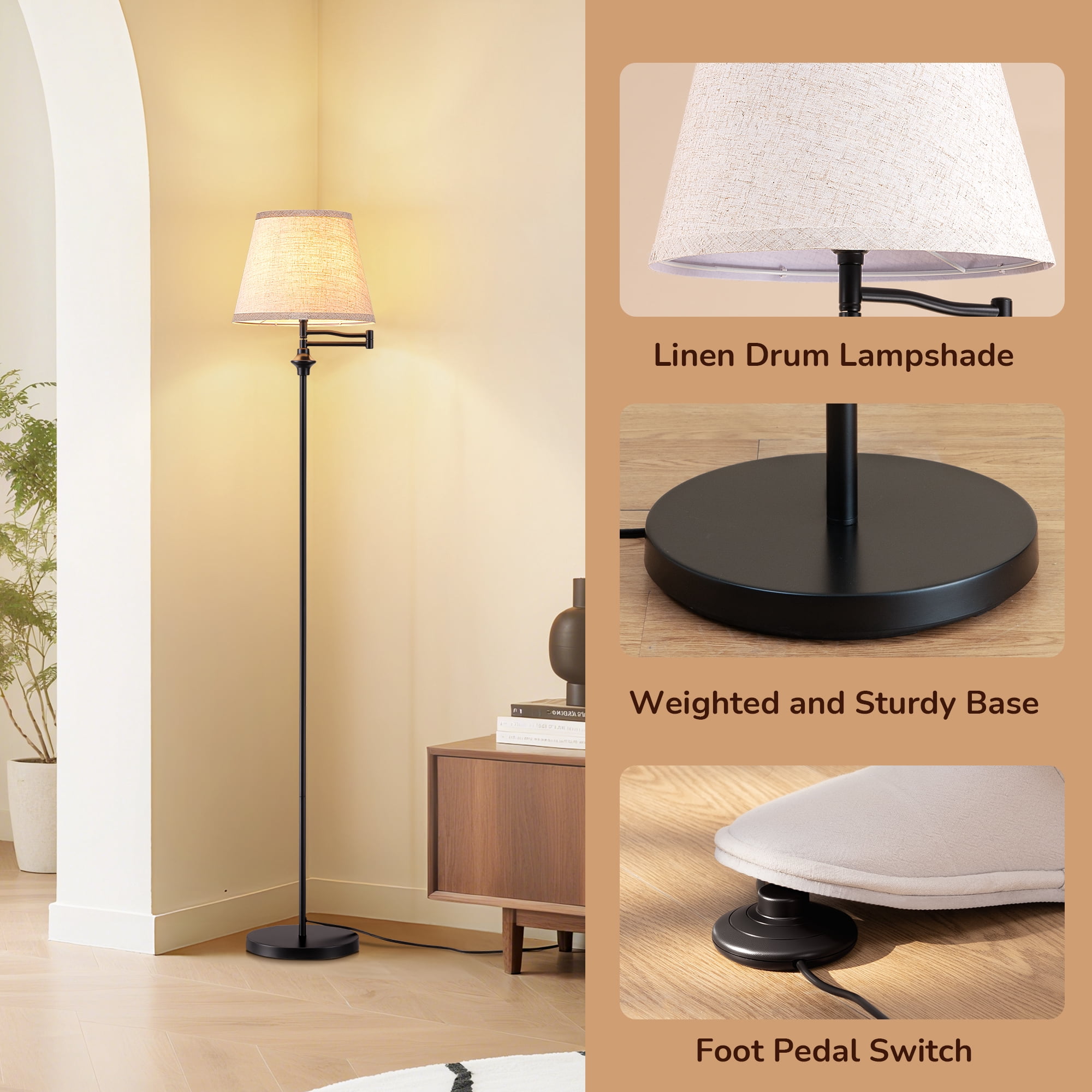EDISHINE 62in Floor Lamps with Swing Arm for Living Room, Retro 350° Adjustable Standing Pole Vintage Lamp with Foot Switch, Bronze