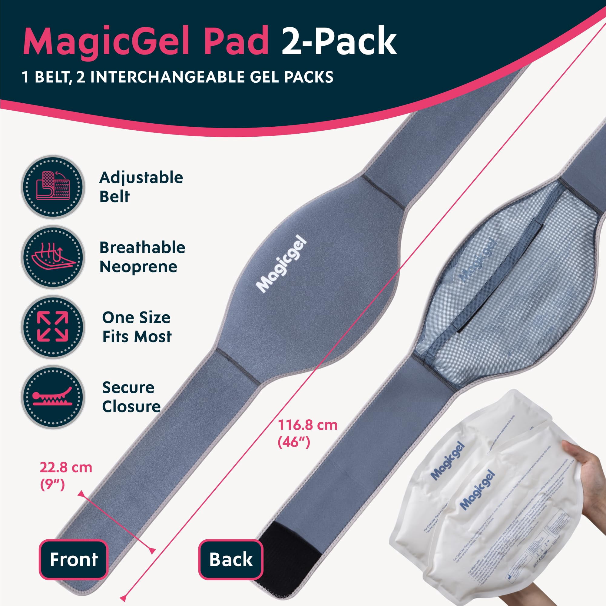 Magic Gel Ice Pack for Back Pain Relief | Reusable Hot & Cold Therapy Gel Packs with Strap, 2 Pack