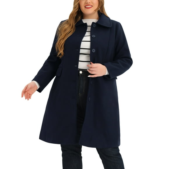 Abrigos de talgrande pamujer Abrigo largo de un solo pecho con cuello Peter Pan Azul marino 1X