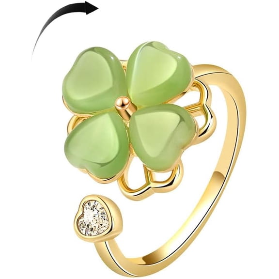 Green Four Leaf Clover Spinner Ring Cubic Zirconia Love Heart Cat Eye Stone Flower Stacking Adjustable Open Statement Relief Stress Fidget Finger Bands Wedding Rings Dainty Good Luck Jewelry