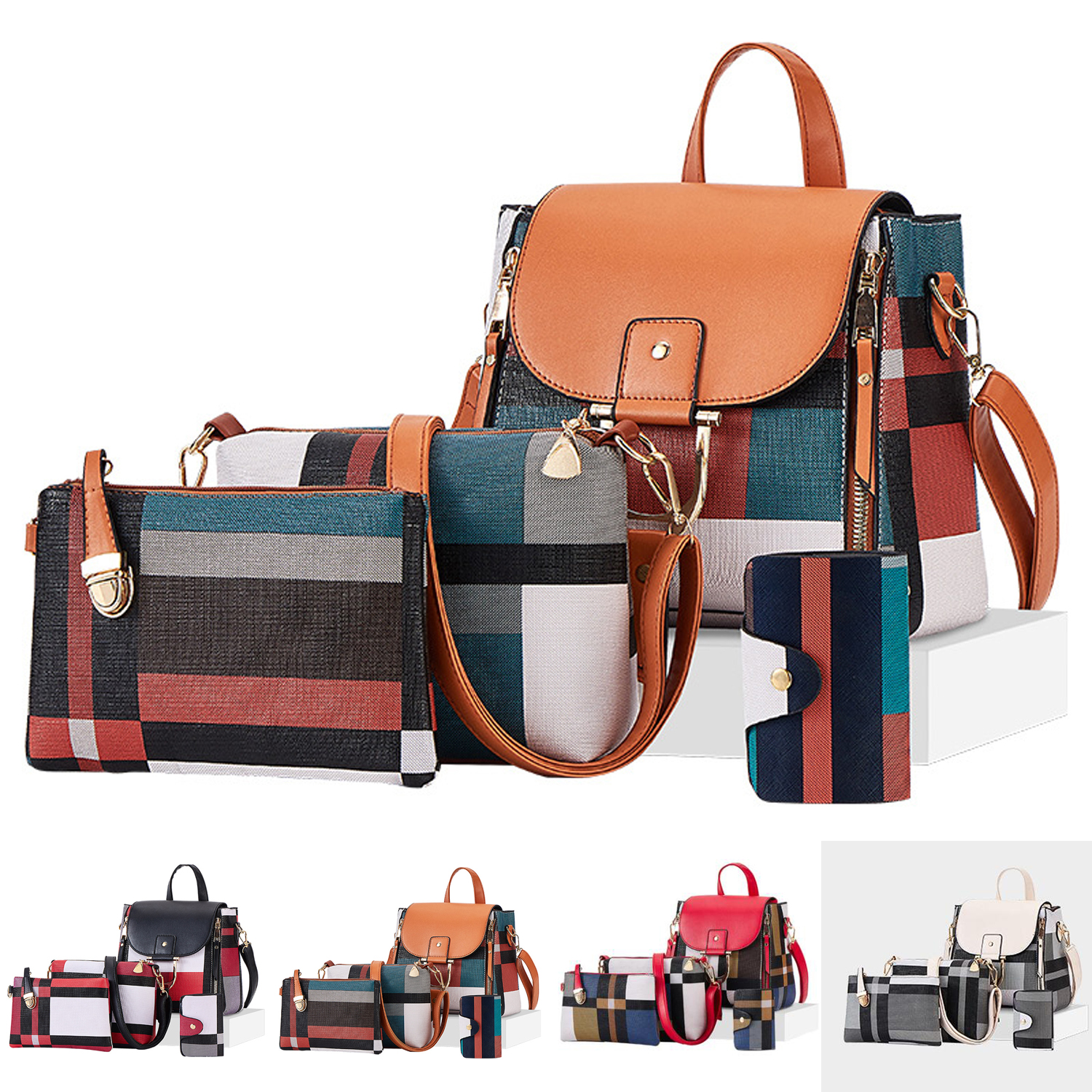 Plaid Handbags For Women Tophandle Tassel Designer Handbags 4 Piece