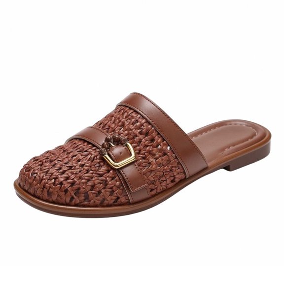 Gpaecead Women Woven Hollow Out Beach Slippers Closed Toe Breathable Soft Sole Ornamental Buckle Summer Slides, Brown