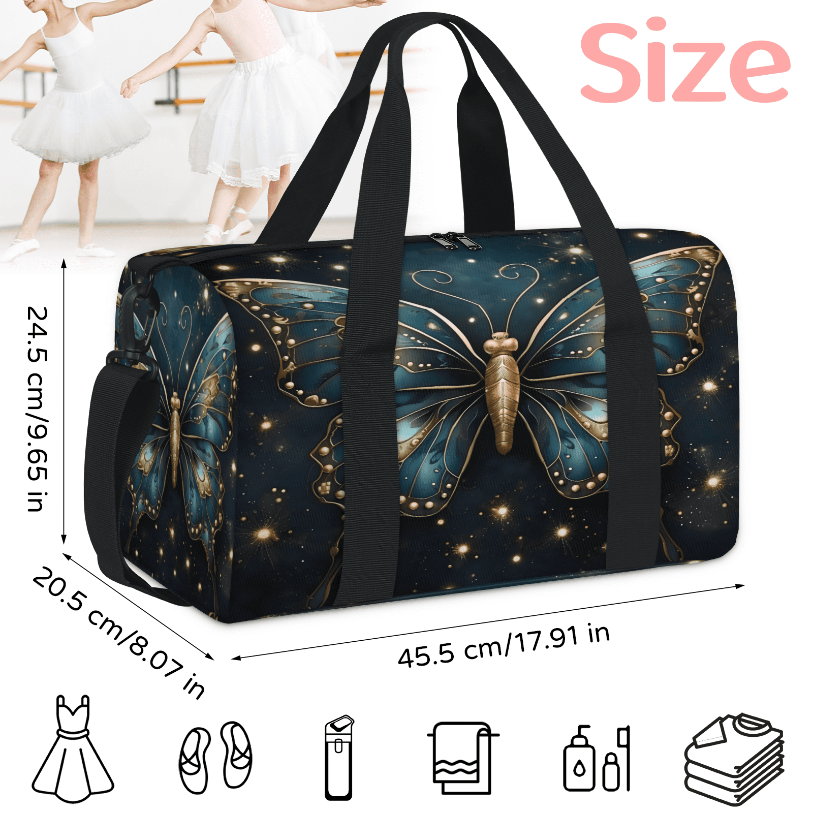 Herdesigns Boho Butterfly Travel Duffle Bag Sports Yoga Weekender Overnight Carry on Workout Bags Lightweight Waterproof Gym Tote Bag for Women