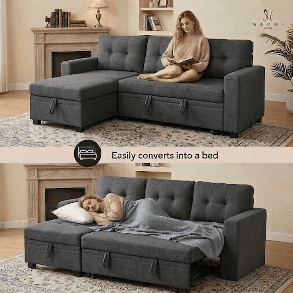 EPOWP 82" Sectional Sofa Bed, L-Shaped Sleeper Pull Out Couch with Storage Chaise & USB Charging Ports, Linen Fabric for Small Apartment Living Room,Dark Grey