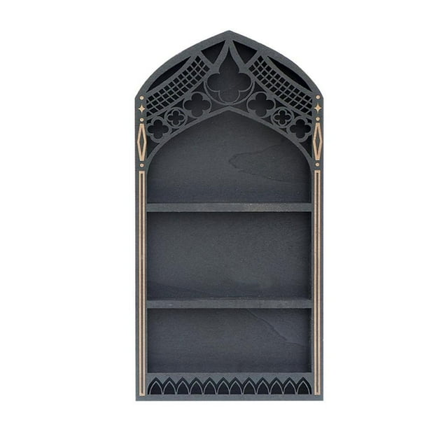 CUITING Gothic Window Crystal Shelf Display for Wall Wall Mounted Floating Shelves Old Church Window Crystal Wall Shelf Wall Hanging Gothic Boho Black Essential Oil Shelf N2U5