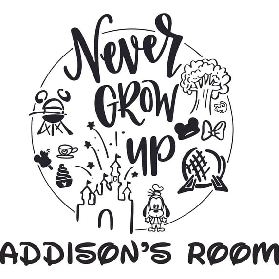 The Never Grow Up Logo Cartoon Character Vinyl Customized Name Decal - Custom Vinyl Wall Art - Personalized Name - Baby Girls Boys Kids Bedroom Decal Room Stickers Decoration Size (30x27 inch)