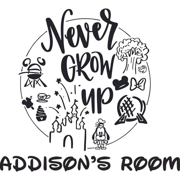 The Never Grow Up Logo Cartoon Character Vinyl Customized Name Decal - Custom Vinyl Wall Art - Personalized Name - Baby Girls Boys Kids Bedroom Decal Room Stickers Decoration Size (10x8 inch)
