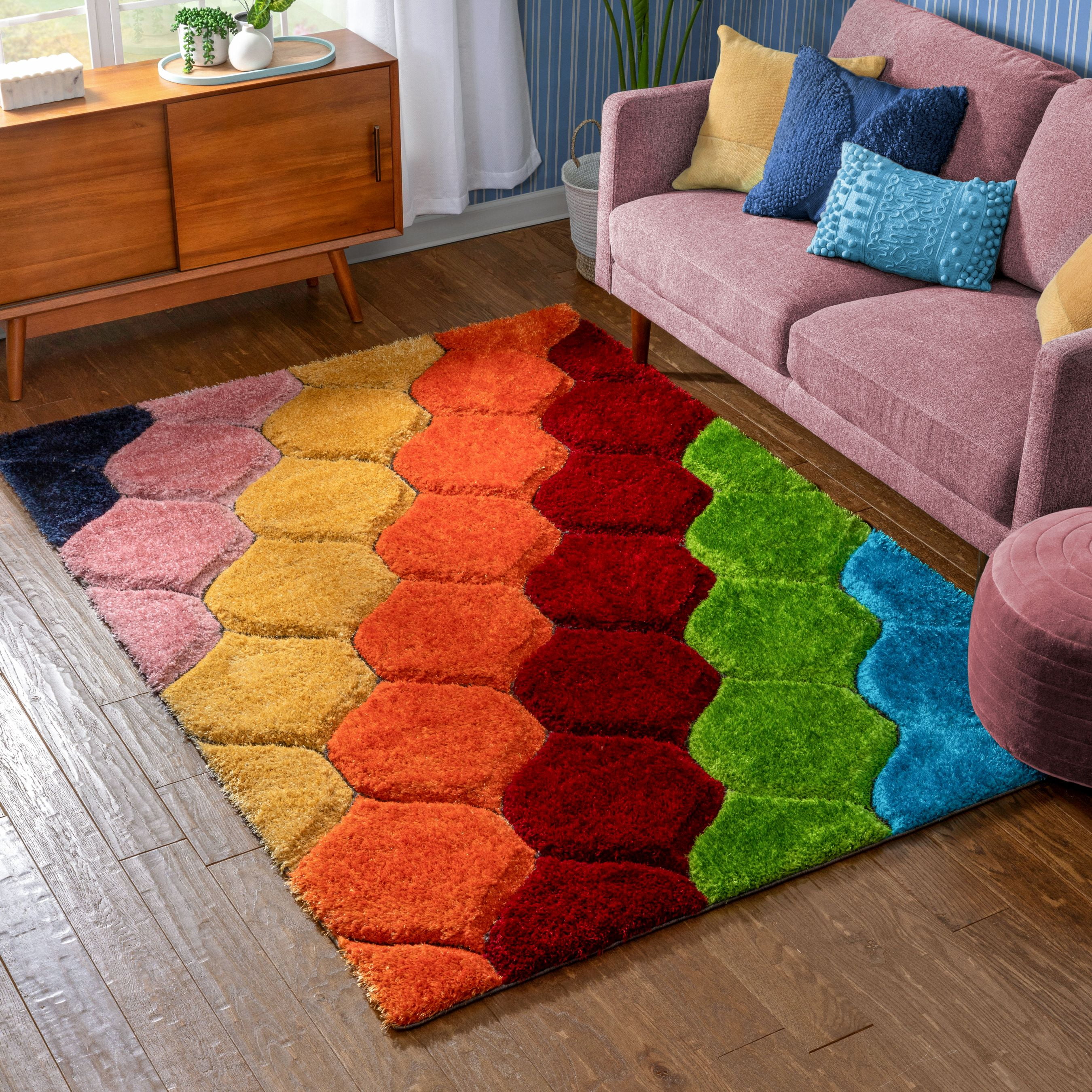 Well Woven San Francisco Rainbow Modern Geometric Shag Multi 3D Textured Thick & Soft Shag 5'3" x 7'3" Runner Area Rug