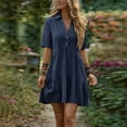 thumbnail image 2 of Ecqkame Summer Linen Dresses for Women Short Sleeve Turndown Collar Button Front Dresses Casual Loose Boho Mini Shirt Dress Navy XXXL, 2 of 9