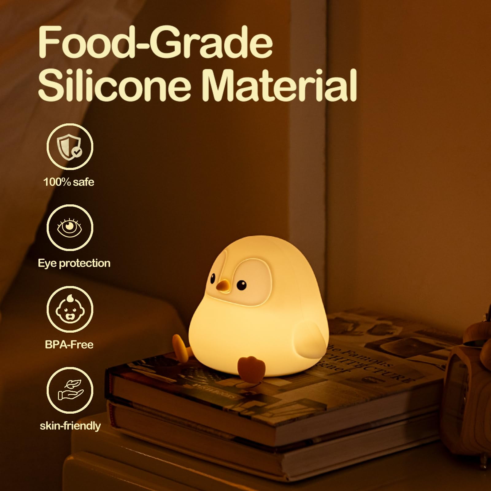 CHUNYAN Penguin Night Light, LED Squishy Novelty Animal Night Lamp, Food Grade Silicone, 2 Level Dimmable, Nursery Nightlight for Desk Decor, Funny Gifts Stuff for Boys Girls Baby