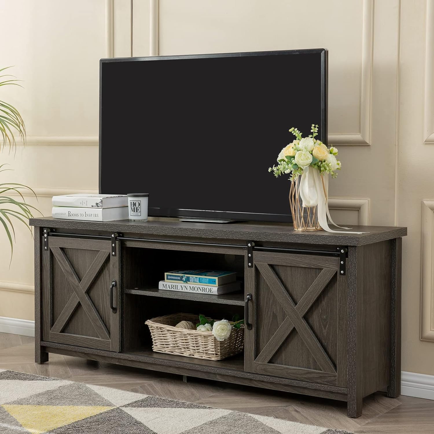 Reliancer Farmhouse TV Stand for TVs up to 65”, with Sliding Barn Doors, Dark Grey