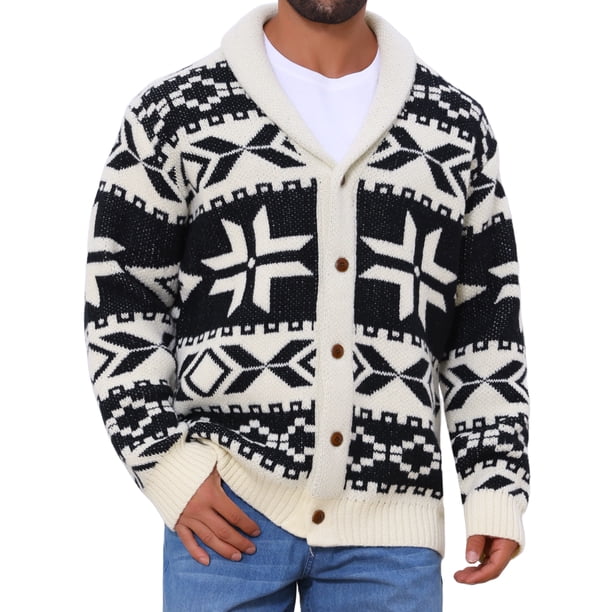 Suéter de punto con botones y cuello chal de manga larga para hombre M Negro Beige