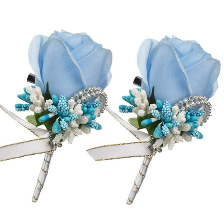 Coolmade 2Pcs Boutonniere Buttonholes Groom Groomsman Best Man Rose Wedding Flowers Accessories Prom Suit Decoration (Blue (Best Flowers To Put On A Grave)