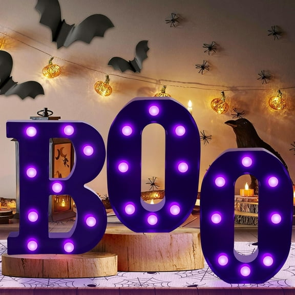 Halloween Decorations Indoor-3 LED Light Up Letters Black Boo Sign Halloween Letter Lights for Home Indoor Kitchen Fireplace Party Table Decor Supplies