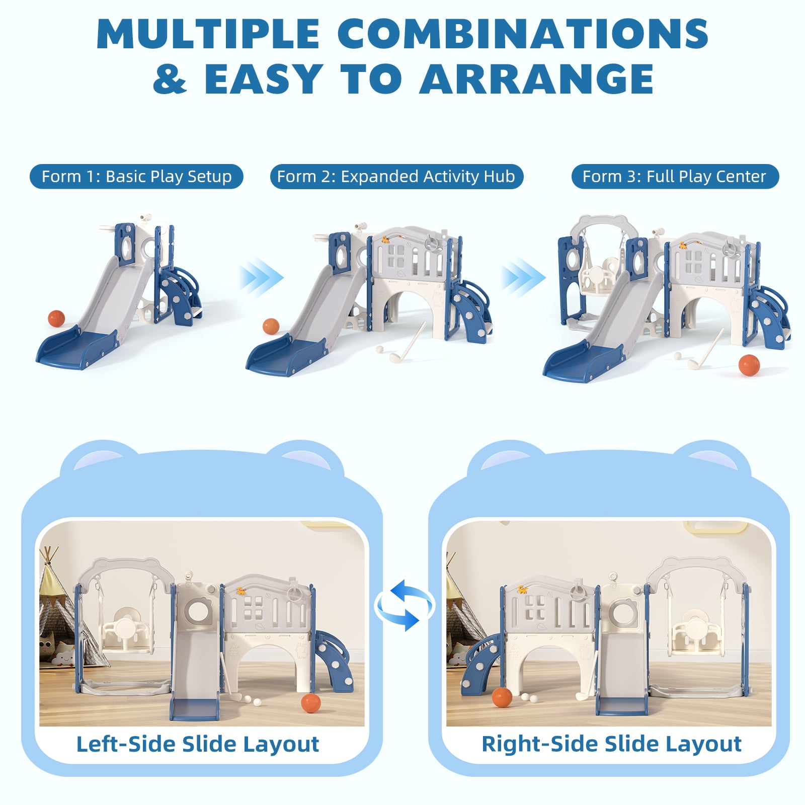 XJD 11 in 1 Toddler Slide and Swing Set - Baby Slide for Toddlers 1-3, Indoor Outdoor Toddler Playset Playground, Blue & Gray