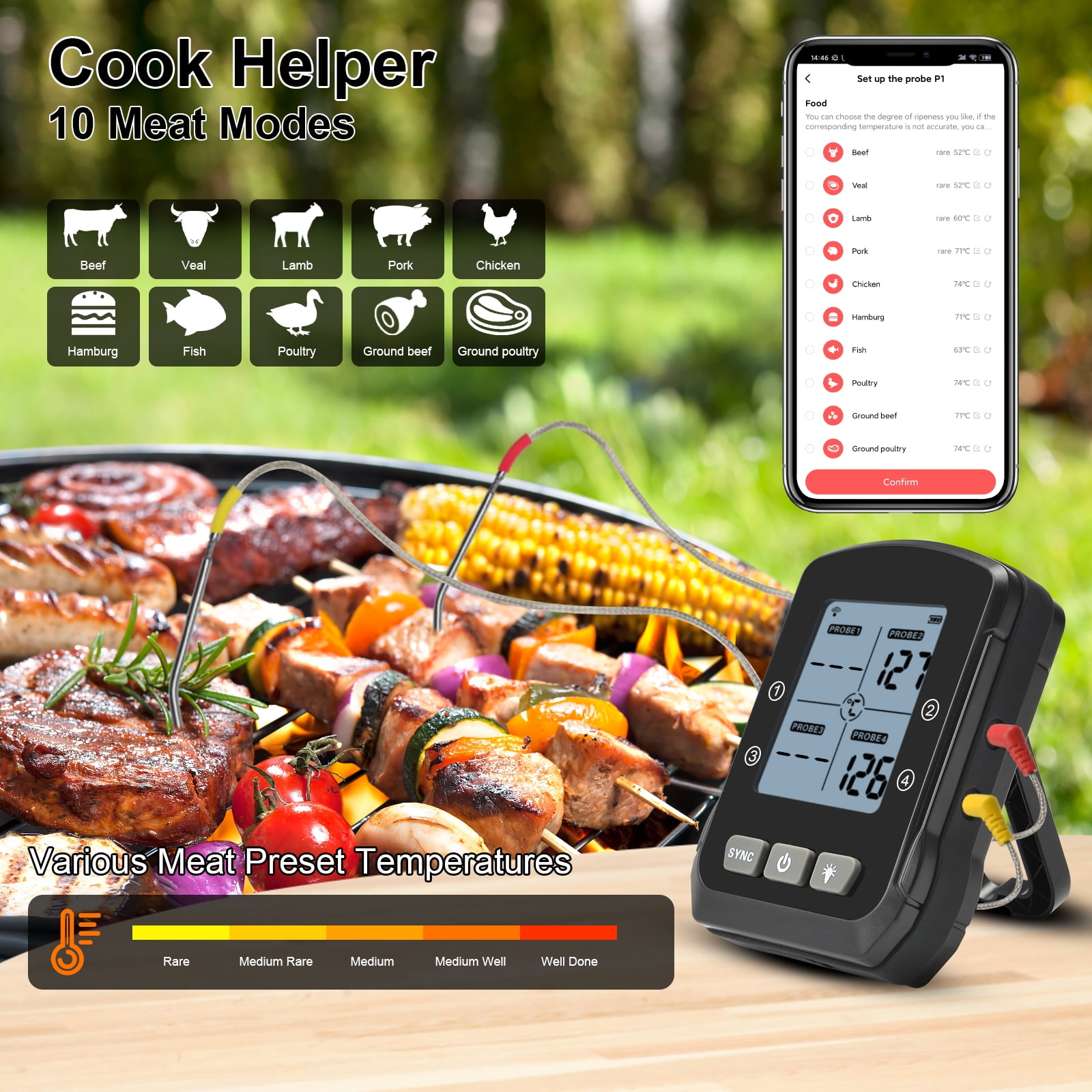 Smart Meat Thermometer with Bluetooth, 164ft Wireless Range for The Oven,  Grill, Kitchen, BBQ, Smoker, Rotisserie, 2 Probes 