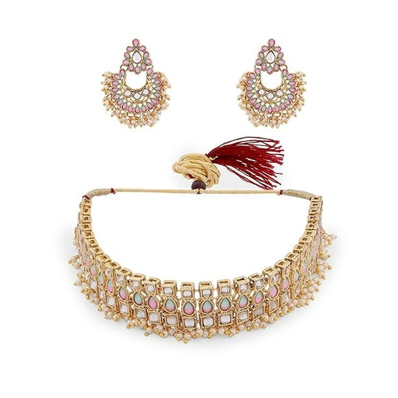 Traditional Pink & Green Stones Gold Plated Studded Necklace Set With & Earring Set For Women | Festive Look Choker - Predominant Necklace Style For Ethnic Indian Choker Jewellery Set