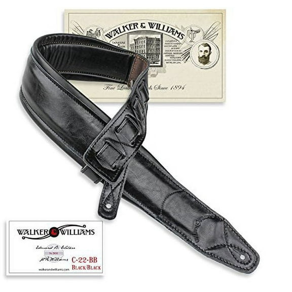 Walker & Williams C-22-BB Black on Black Premium Top Grain Leather Double Padded Guitar Strap Extra Wide