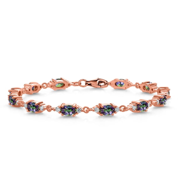 Gem Stone King 18K Rose Gold Plated Silver Green Mystic Topaz and White Moissanite Tennis Bracelet for Women (8.11 Cttw, Gemstone Birthstone, Oval 6X4MM, 7.5 inch)