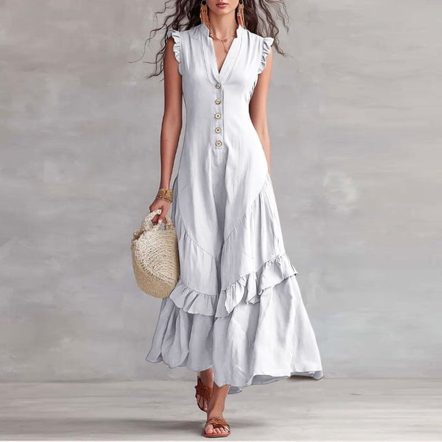 XiYing Robes pour Femmes, Robe Maxi Classique Sans Manches à Col en V pour Femmes avec Accoudoirs à Volants et Détail de Boutons devant pour les Vacances d'Été, M-TTG,