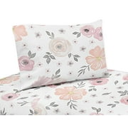 Sweet Jojo Designs 3-Piece Blush Pink, Grey and White Twin Sheet Set for Watercolor Floral Collection Set