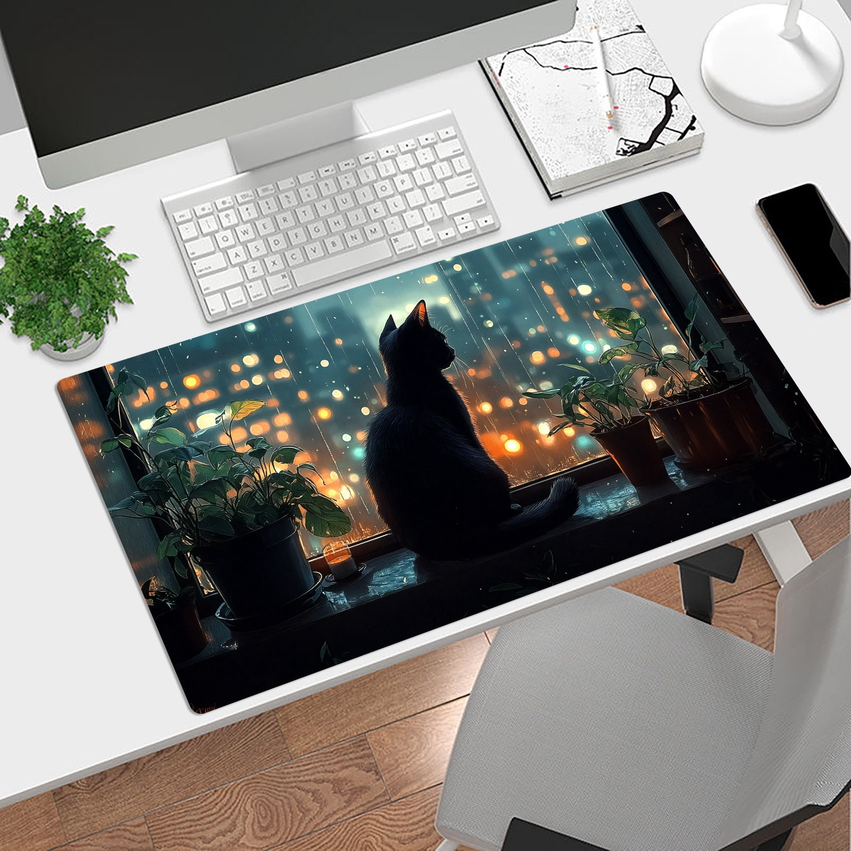 NEONWE Black Cat Gaming Mouse Pad Green Plants Japanese Anime Cute Large Desktop Mouse Pad with Stitched Edges Non-slip Rubber for Work Game Office Home, 3mm Thick, 31.5 X 15.75 Inch
