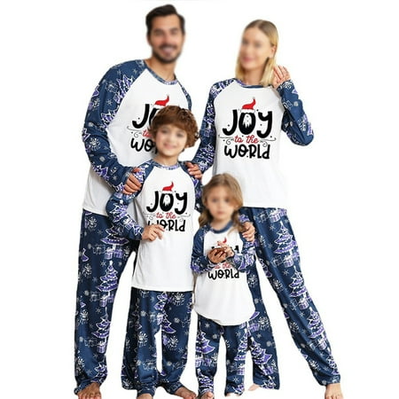 

Paille Mommy Dad Child Crew Neck Straight Leg Matching Family Pajamas Set Loungewear Christmas Nightwear Letters Print Holiday PJ Sets Sleepwear Blue White Baby 6M