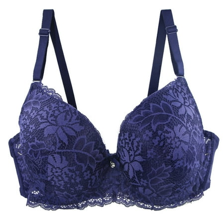Plus Size Bras for Women Basic Lace T-Shirt Bra Embroidered Glossy Comfortable Breathable Push Up Bra Underwear No Rims Dark Blue M