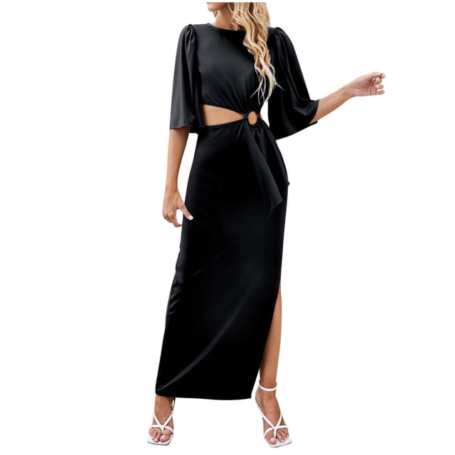Vestido de Verano de Manga Corta para Mujeres Moda Casual Color Sólido Plegado Irregular Cuello Redondo Vestido, Poliéster