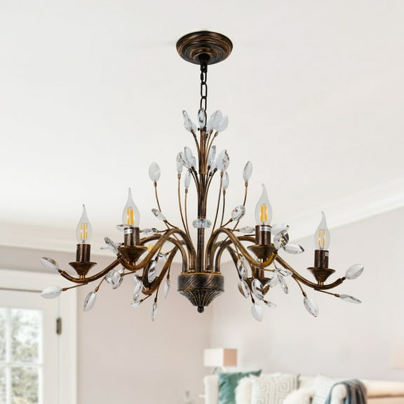 KPIBEST American Vintage Crystal Chandelier, K9 Crystal Candle Chandelier Fixture, Brushed Color 6 Light Chandelier