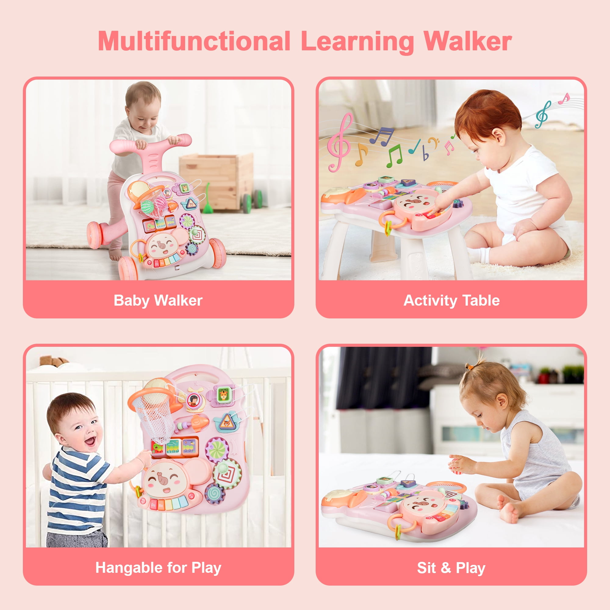 Carsky 3-in-1 Baby Walker and Learning Table Center, Perfect Learning Toys Christmas Baby Toy Gift for Infants 6-12 Months, 17.3 Inch Perfect for Early Development & Playtime for Girls Boys-Pink