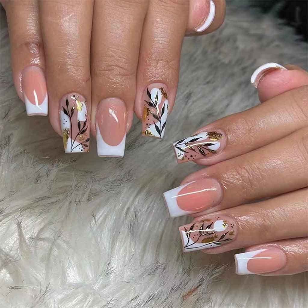 French Tip Press on Nails Medium Fake Nails White Nails with Flowers Design  Coffin Stick on Nails 