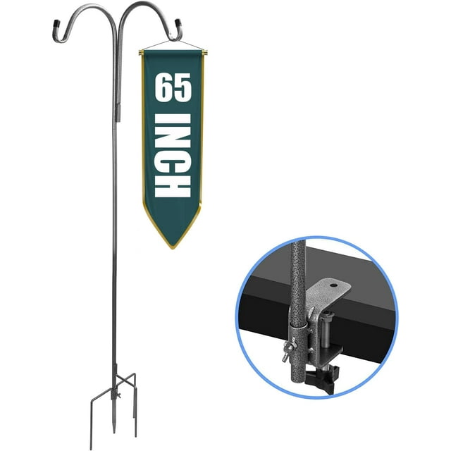 Double Shepherds Hook Adjustable Bird Feeder Pole for Outdoor with 4 Prongs Base,65 Inch Heavy Duty Garden Hanging Plant Hooks Stand Outside for Plant Hanger Wedding Decoration (Pack of 1)