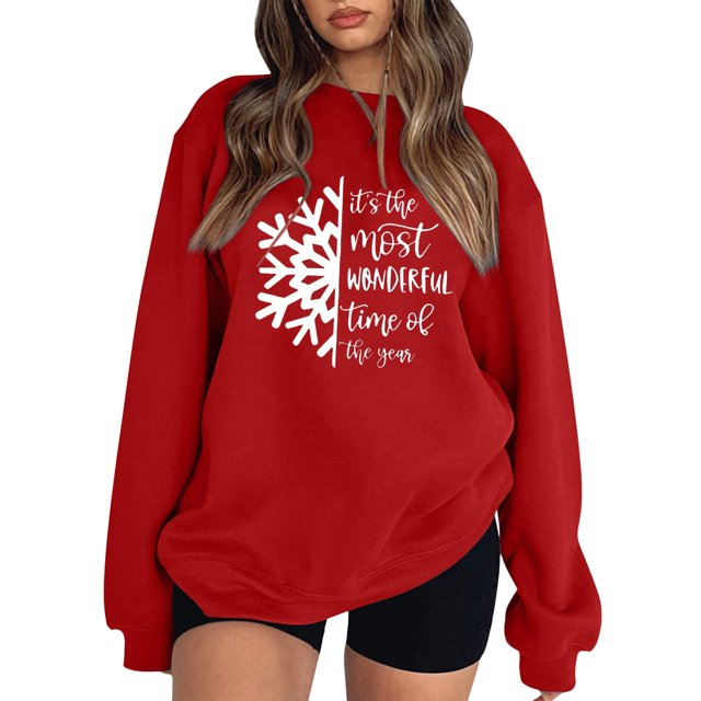 Gibobby Sudaderas para mujer navidad Sudadera con capucha estampada navideña holgada para mujer con mangas hasta los hombros(Rojo,XG)