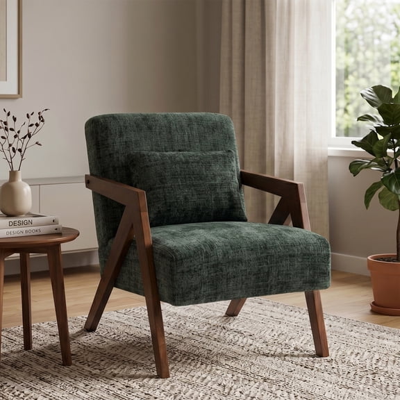 Mid Century Modern Accent Chair with Solid Wood Frame, Upholstered Chenille Living Room Armchair with Pillow for Bedroom Balcony Reading Room, Dark Green