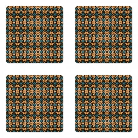 

Antique Oriental Coaster Set of 4 Sun Inspired Circular Art Deco Motifs Pattern Square Hardboard Gloss Coasters Standard Size Apricot Dark Blue by Ambesonne