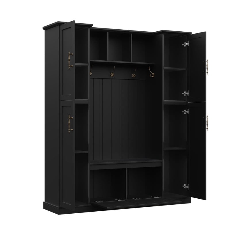 Farmhouse Hall Tree with 4 Side Cabinets, All-in-One Entryway Bench with Coat Rack & 5 Hooks, All-in-One Coat Rack with Adjustable Shelves & Open Cubbies