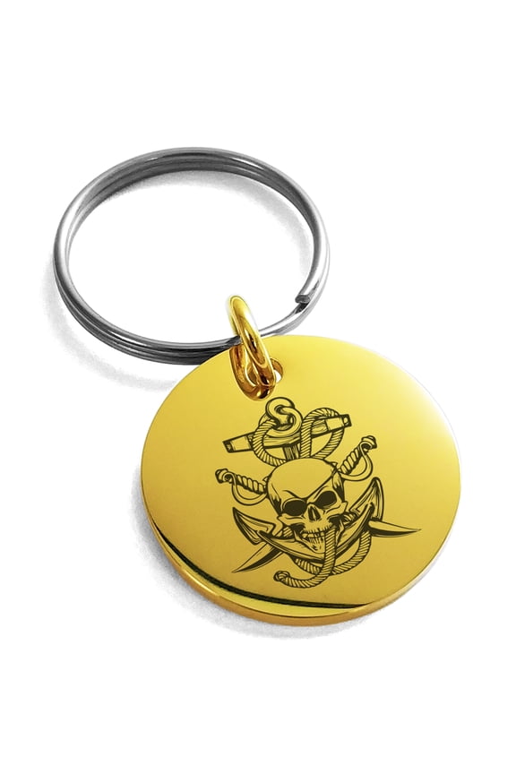 Stainless Steel Pirate Skull Anchor & Sabers Engraved Small Medallion Circle Charm Keychain Keyring
